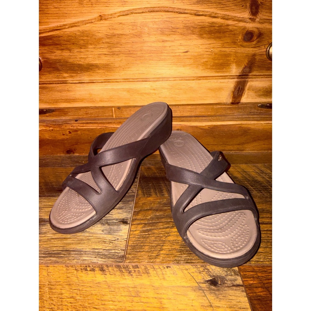 Crocs Women Meleen Cross-Band Wedge Sandals Espresso Brown Size 7 11853